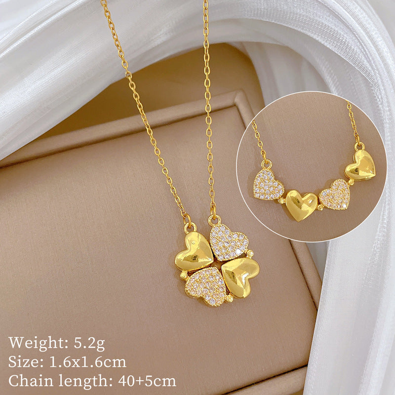 Women’S Necklace Two-Piece Heart-To-Heart Opening And Closing Four-Leaf Flower Full Diamond All-Match Clavicle Chain Titanium Steel