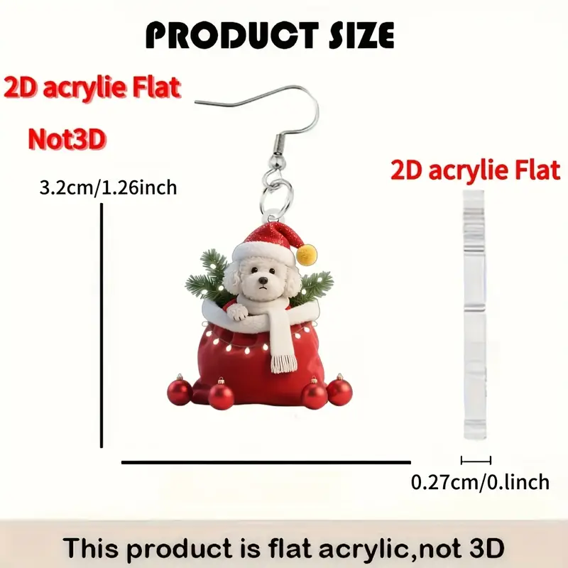 2d flat 1 pair christmas dog earrings cute poodle in santa hat scarf 2d flat acrylic lightweight dangle earrings for red white   gift for pet lovers no bulk 2d flat 5