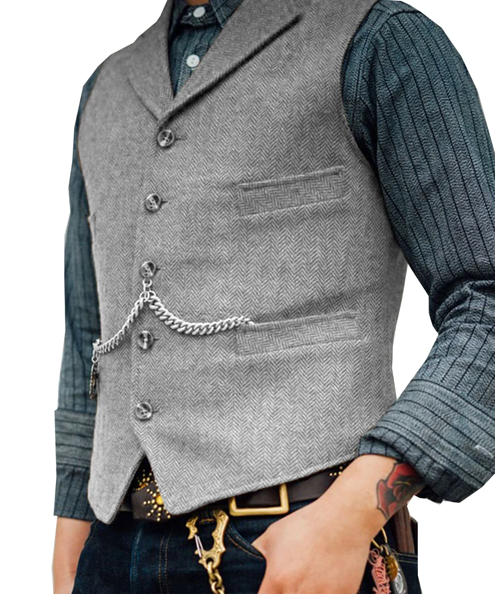 Men's Lapel V Neck Wool Herringbone Casual Waistcoat Formal Groomsman Business Suit Vest For Wedding