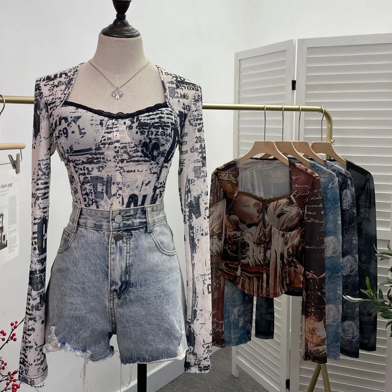 Uveng Quality Explosion Fang Lace Splicing Tie-Dye Mesh Long Sleeve Tight Babes With Chest Pads Short Top 1386