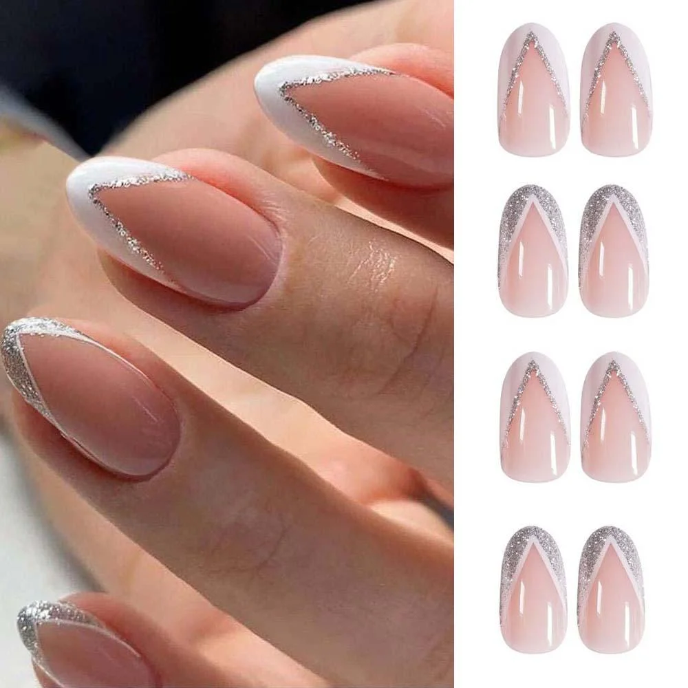 24pcs Detachable False Nails French with Black Line Fake Nails Full Cover Nail Art Tips Press on Nails with Glue Manicure Tools 1113-Nail Inspo