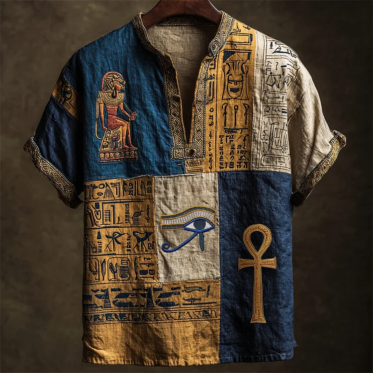 Eye Of Horus & Ankh Ancient Egyptian Colorblock Linen Shirt