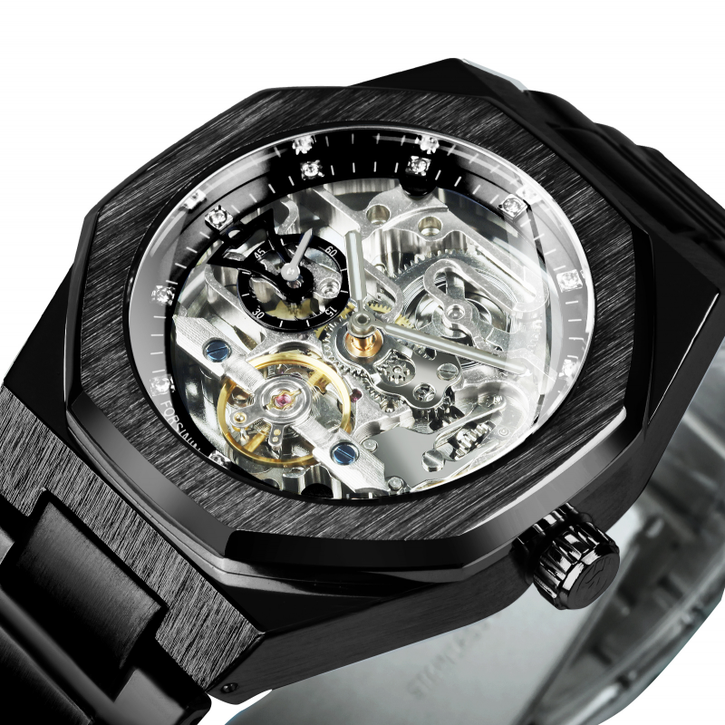 Tourbillion Steel Strap Mechanical Automatic Mens Skeleton Watch for Men-VESSFUL