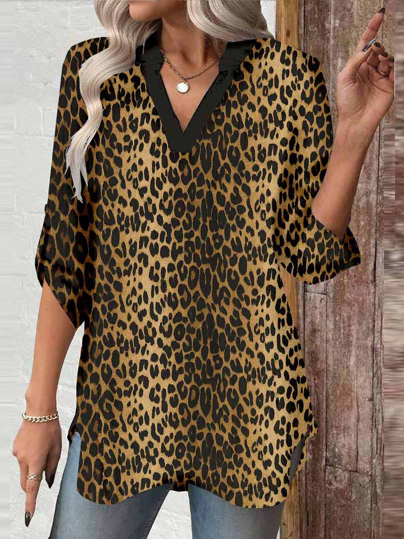 Women Leopard, Brown, Yellow DZGA0552 3/4 Sleeve V-neck Printed Graphic Button Tops