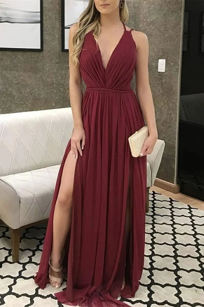 V-Neck Burgundy Chiffon Prom Dress With Slit PD0421