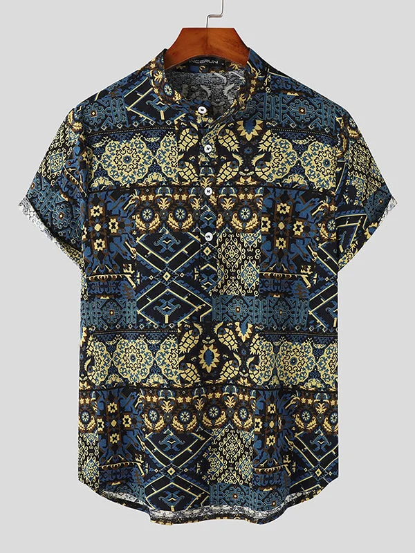 Aonga - Mens Cotton&Linen Ethnic Print Short Sleeve Shirt K