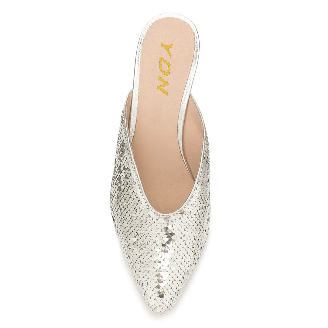 Silver Sequins Embellished Kitten Heel Pointed Toe Mules for Women