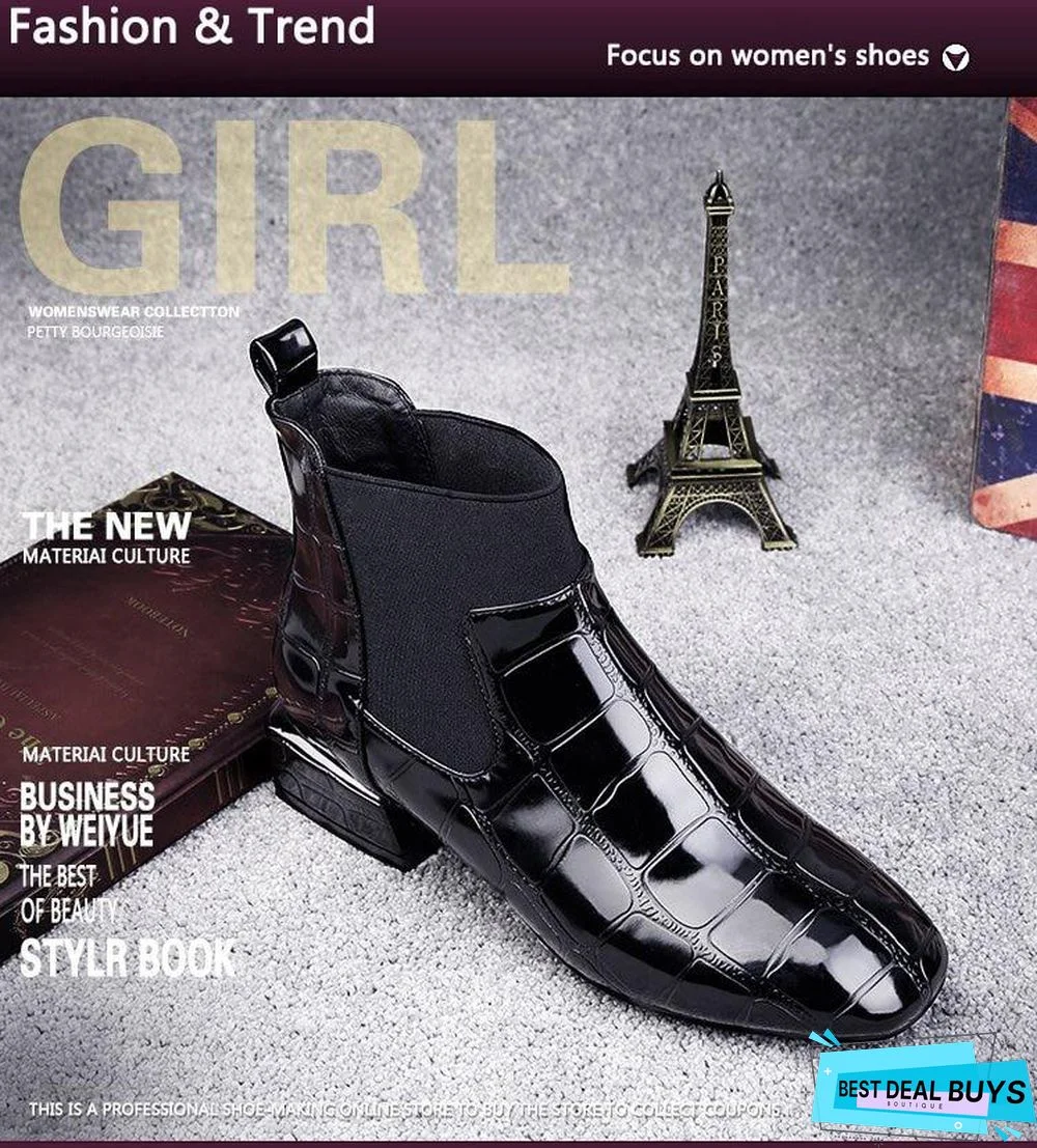 Chic Women Boots Shiny Pu Leather Autumn Winter Shoes Woman Square Toe Block Heels Ankle Boots