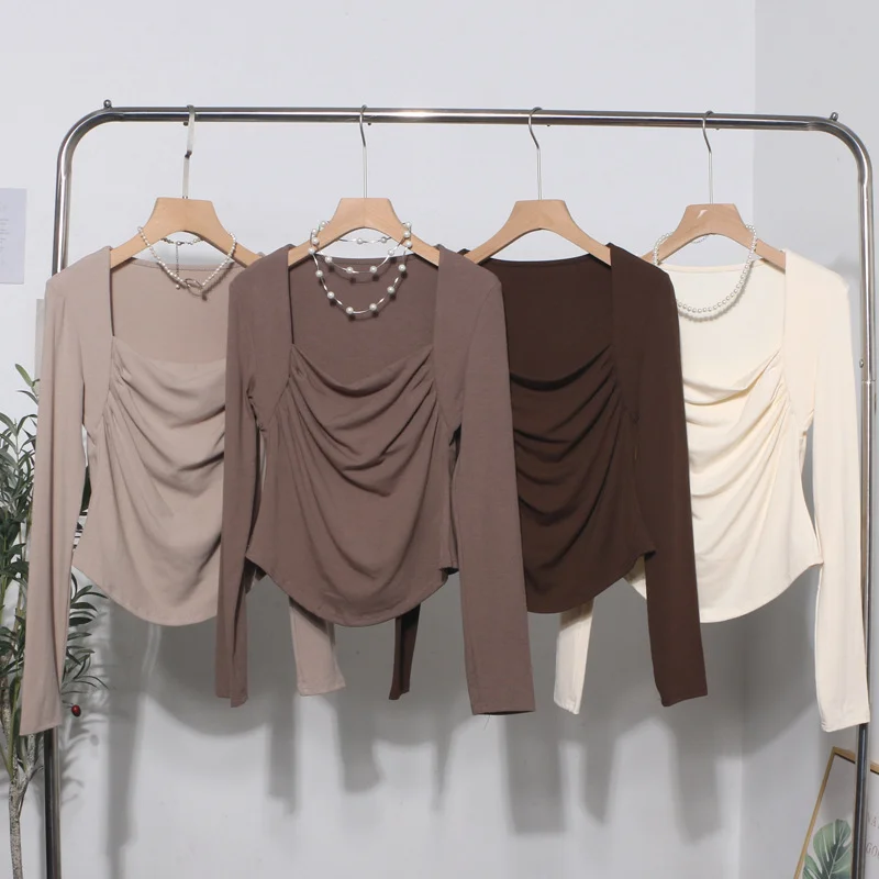 Brownm French Style Long-Sleeved T-Shirt Girl Autumn And Winter Collar Folded Folded Body Inside The Bottom Shirt Top 1665