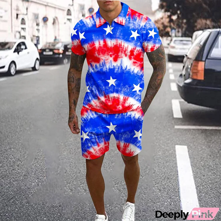 Men's Casual Printed Slim-Fit Zipper Lapel Short-Sleeved Polo Shirt And Shorts Two-Piece Set