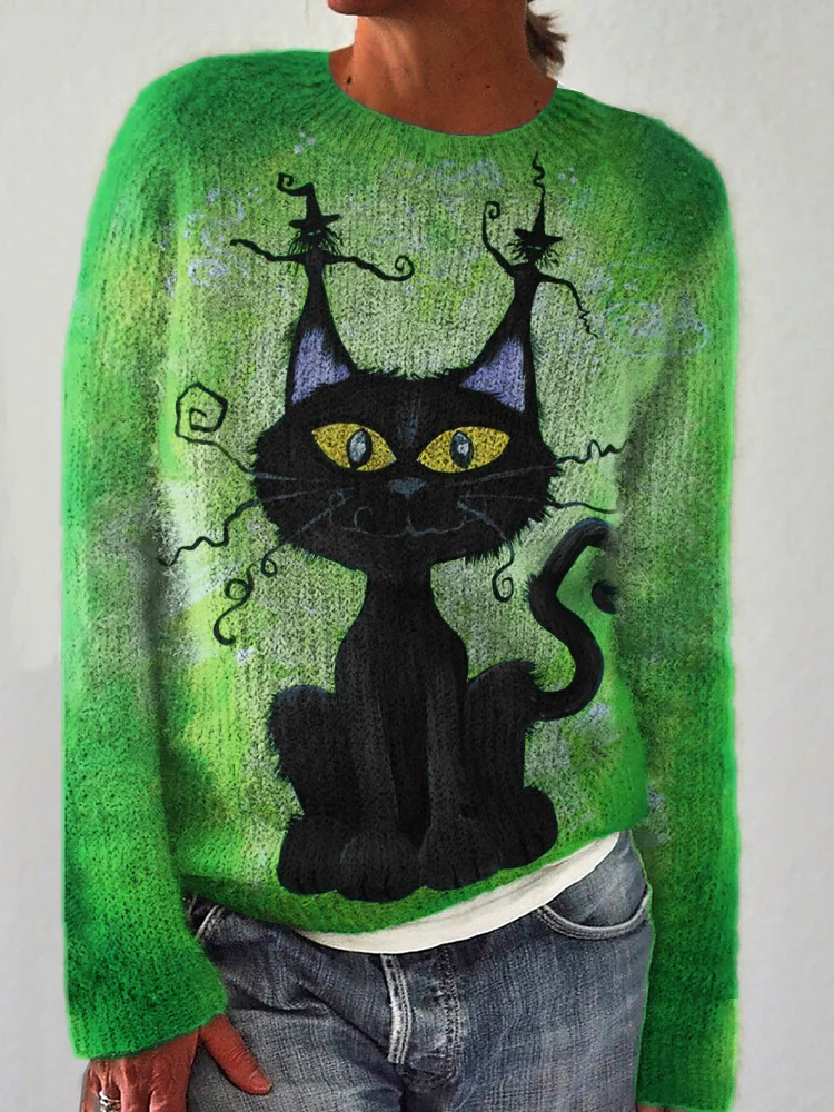 Vintage Halloween Black Cat Art Cozy Sweater