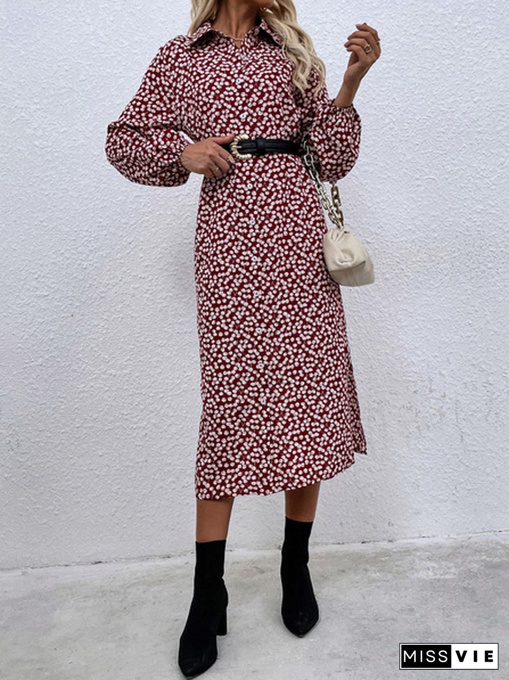 Cherry Print Red Lapel Long-Sleeved Single-Breasted Shirt Dress Without Belt