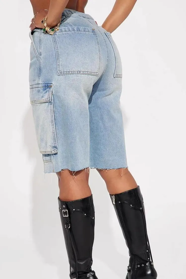 Relaxed Fit Denim Cargo Shorts with Raw Hem and Washed Finish