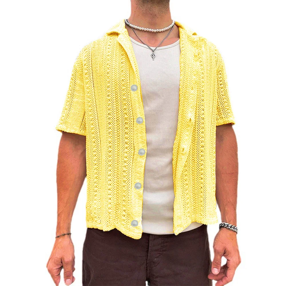 Wongn Wongn Summer New Men's Casual Knit Cardigan White Short Sleeve Jacket Men's Shirt Hollow Out Men's Wear