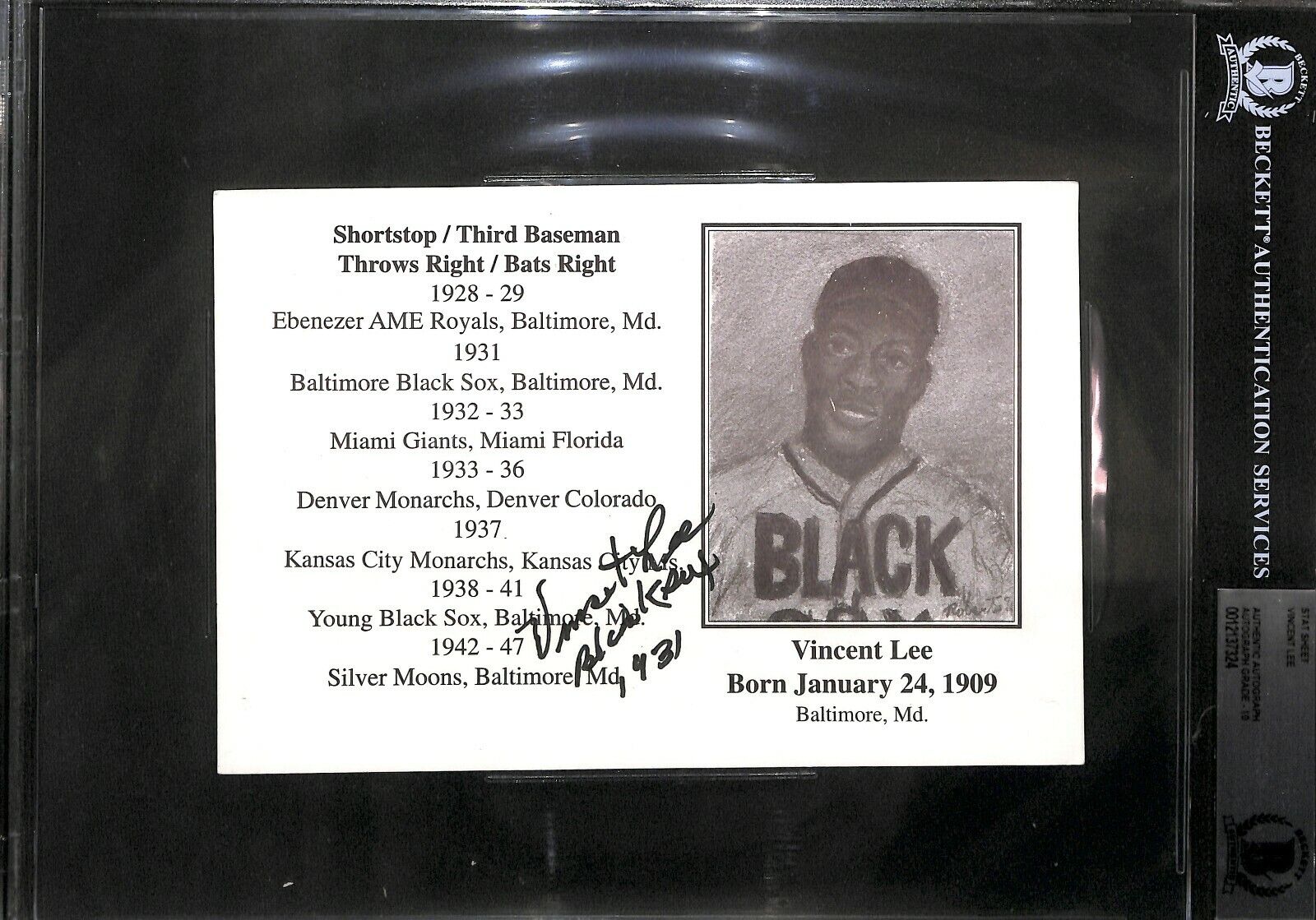 Vincent Lee Signed 5x7 Photo Poster painting BAS Beckett COA KC Negro League Baseball Autograph