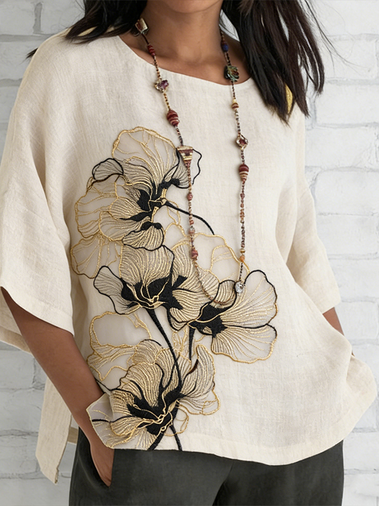 Plant Flower Embroidery Design Linen Shirt elevenforest