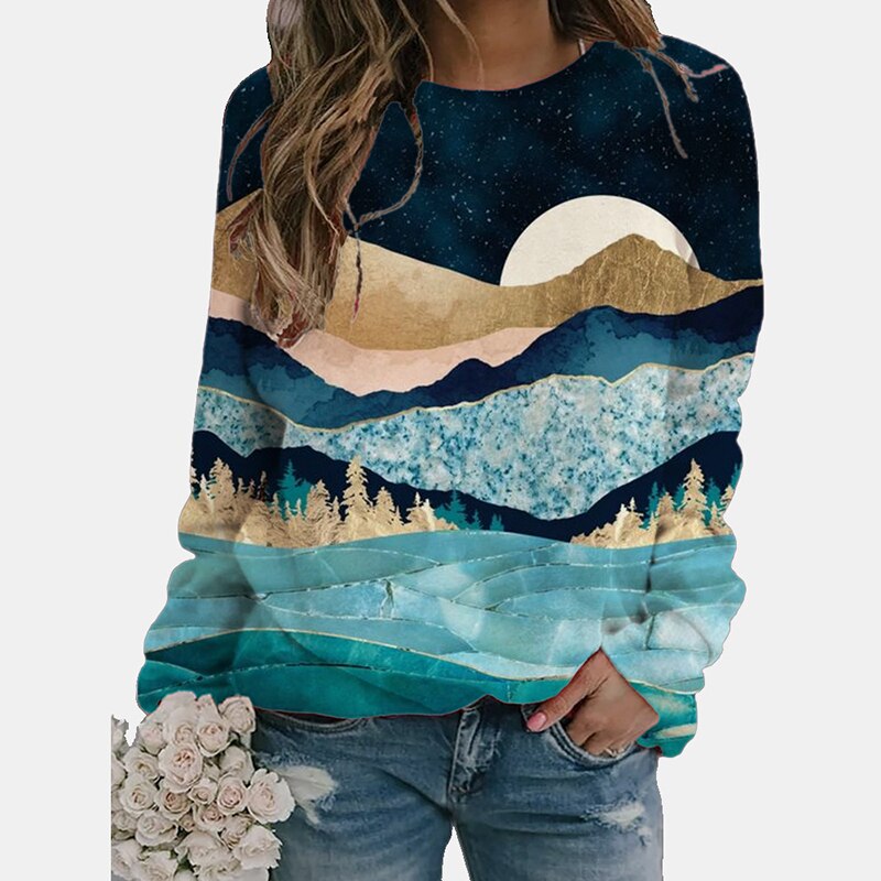 Autumn Women Fashion New O Neck Loose Long Sleeves Tops Colorful Print Vintage Streetwear Sweatshirts Office Female Party Tops