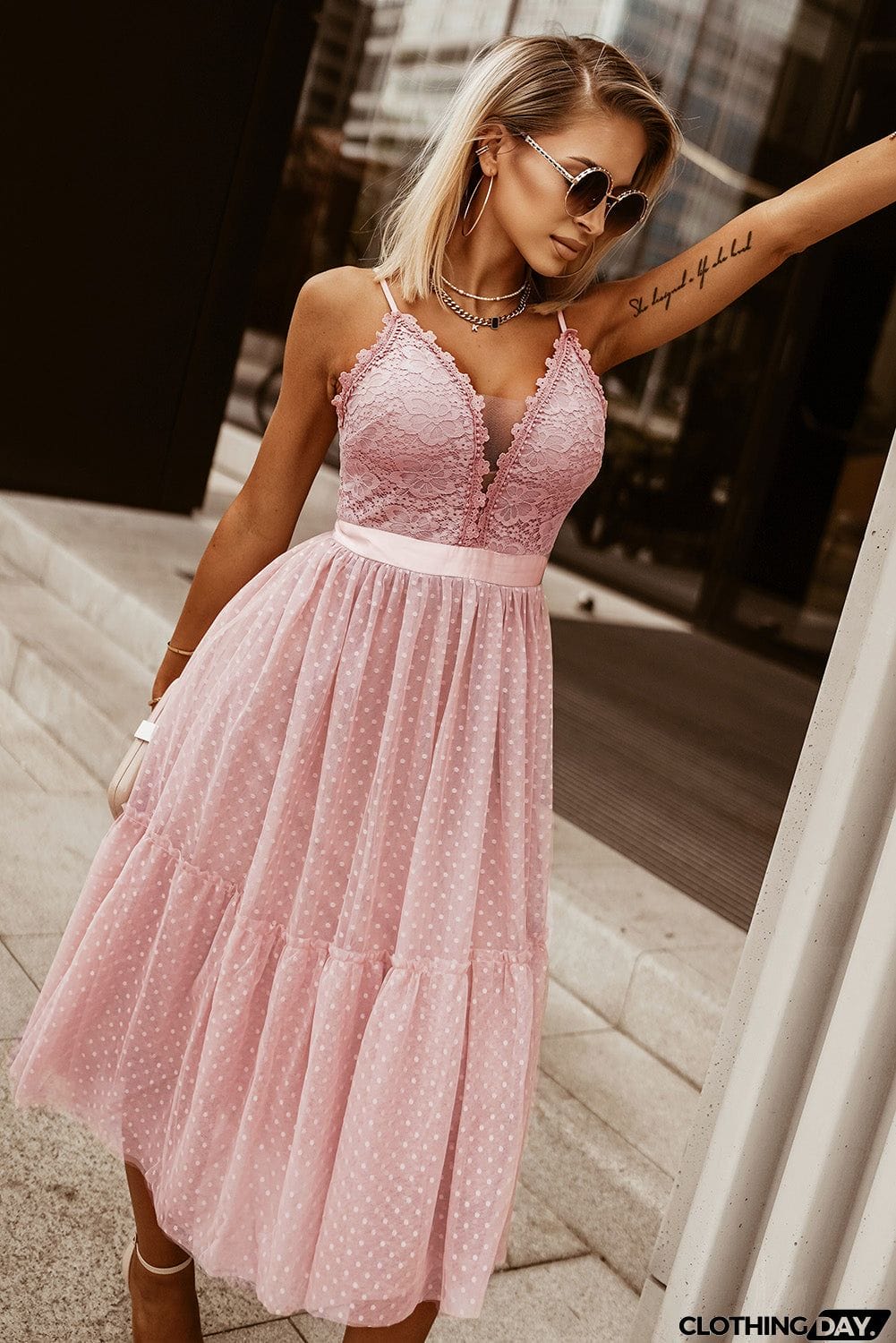 Lace Crochet Polka Dot Patchwork Pleated Cami Dress
