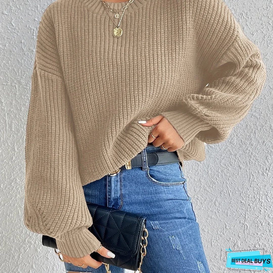 Solid Crew Neck Pullover Sweater, Casual Long Sleeve Sweater For Fall & Winter, Women's Clothing