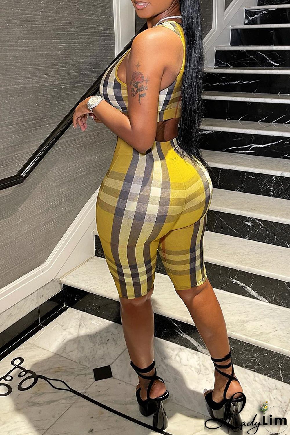 Khaki Fashion Casual Plaid Print Basic U Neck Sleeveless Two Pieces