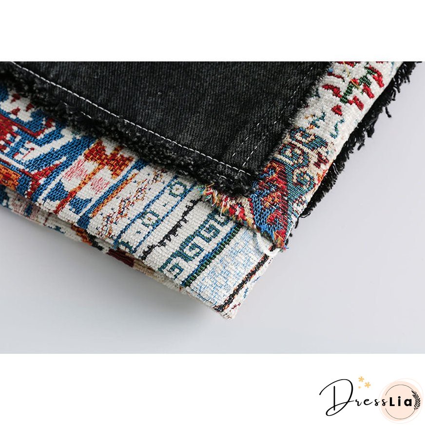 Ethnic Style Denim Patchwork Drawstring Shorts