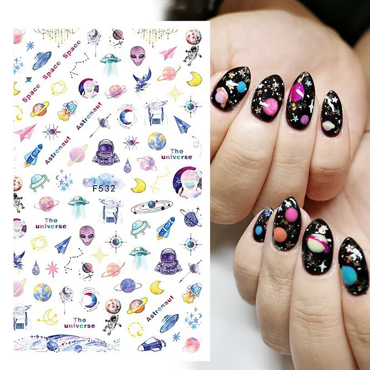 Galaxy Space Sky Spaceship Moon Stars Alien Nail Stickers