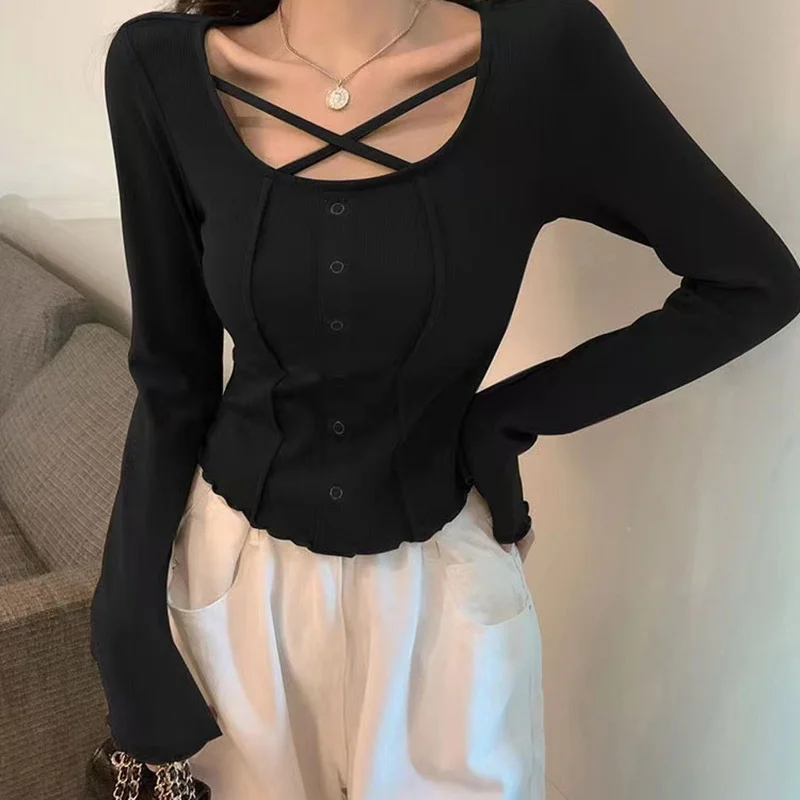 Churchf Churchf Girl Heart Machine Collarbone Show Thin Short Style Student Jacket Female 2024 Autumn Dress New Slim Pit Strip Long-Sleeved T-Shirt Female