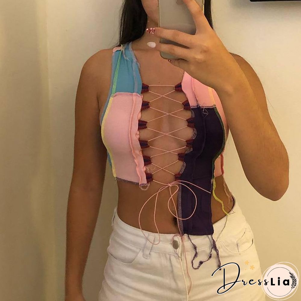 Simenual Women Patchwork Asymmetrical Top Summer Fashion Lace Up Tie Front Crop Tops Bodycon Hollow Out Sexy Hot Club Tanks