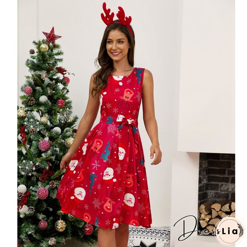 Womens Vintage Sleeveless Santa Christmas 1950s Retro Xmas Evening Prom Swing Dress