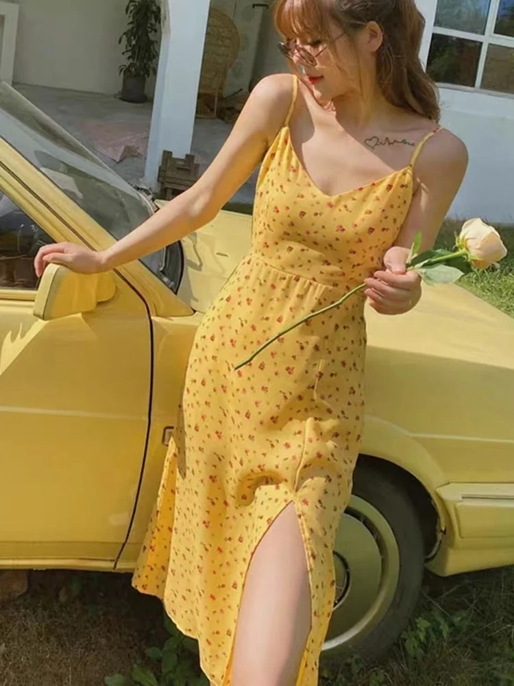 2021 Spring And Summer Retro Elegant Slit Yellow Dress V-Neck High Waist Slim Slip Flower Dress French Sweet Girl Clothes