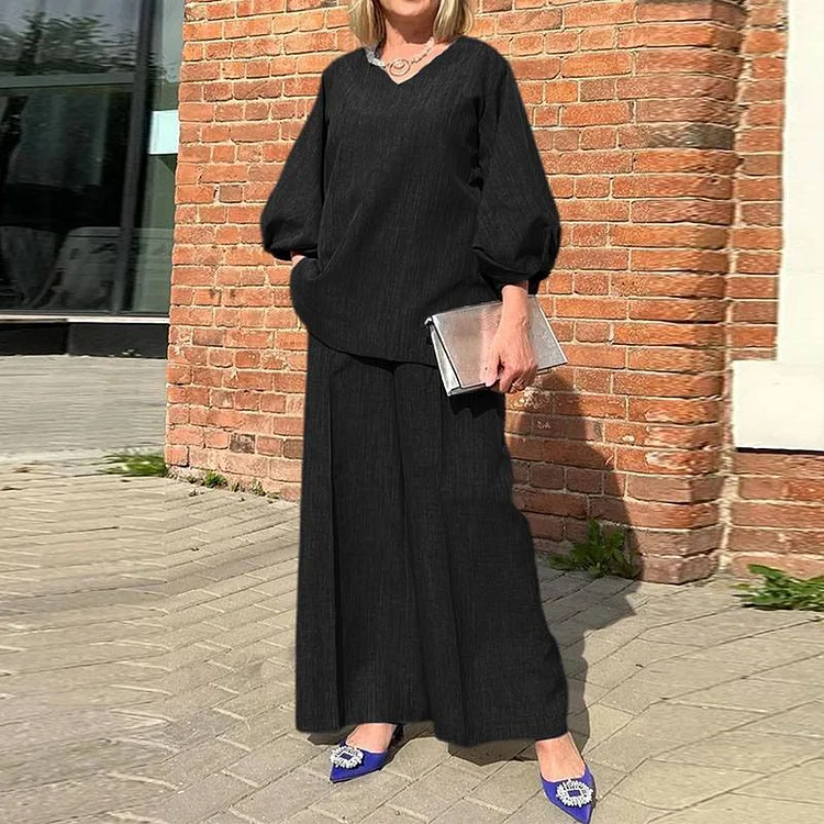 Women's 2Piece Set Mid Puff Sleeve V Neck T-Shirt and Wide Leg Long Pant