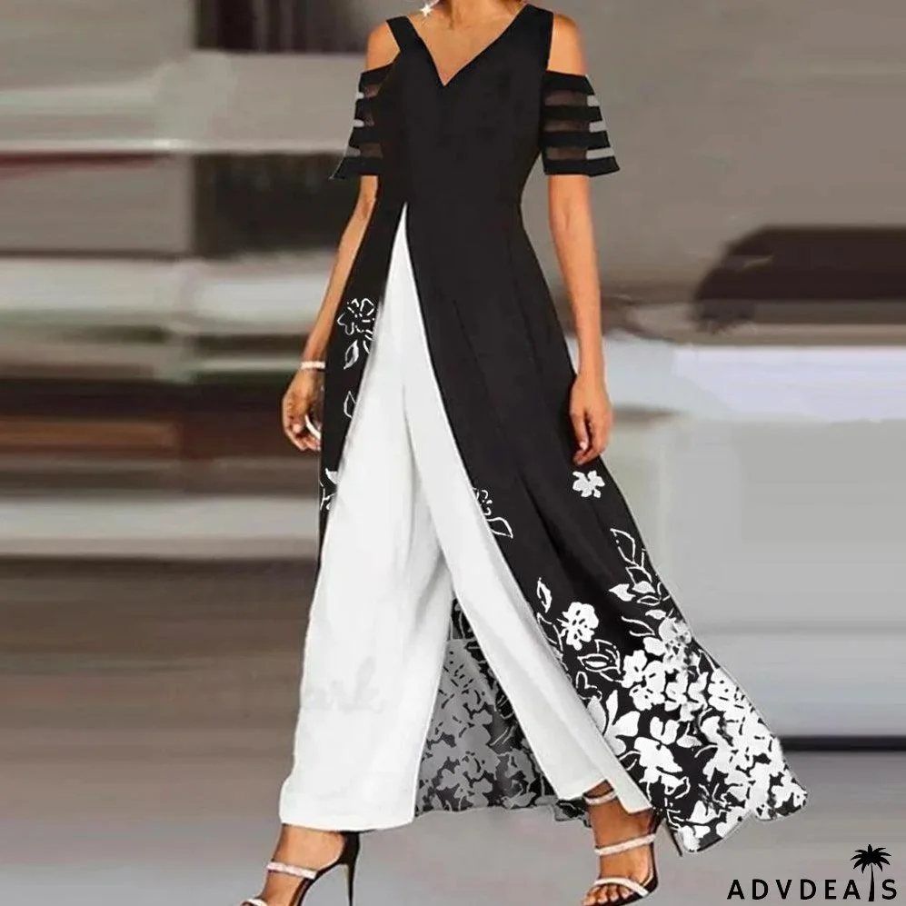Black and White Floral Print Two Piece Set