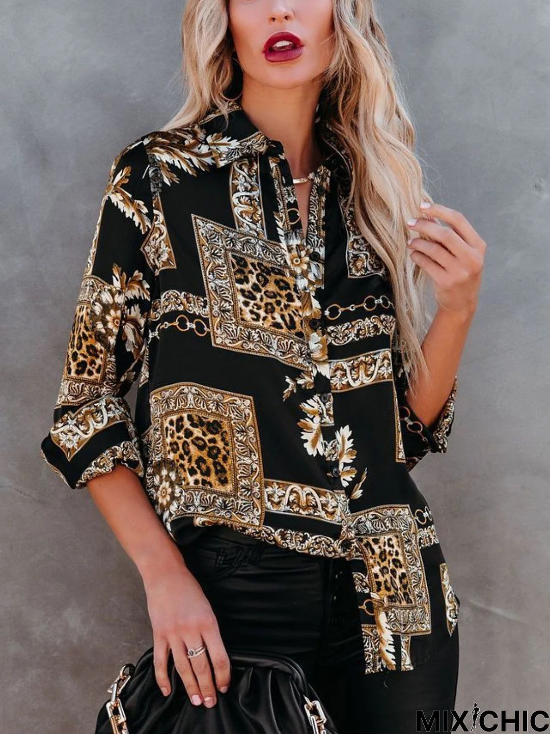 Casual Leopard Long Sleeve Shirt Collar Printed Top Tunic Blouse