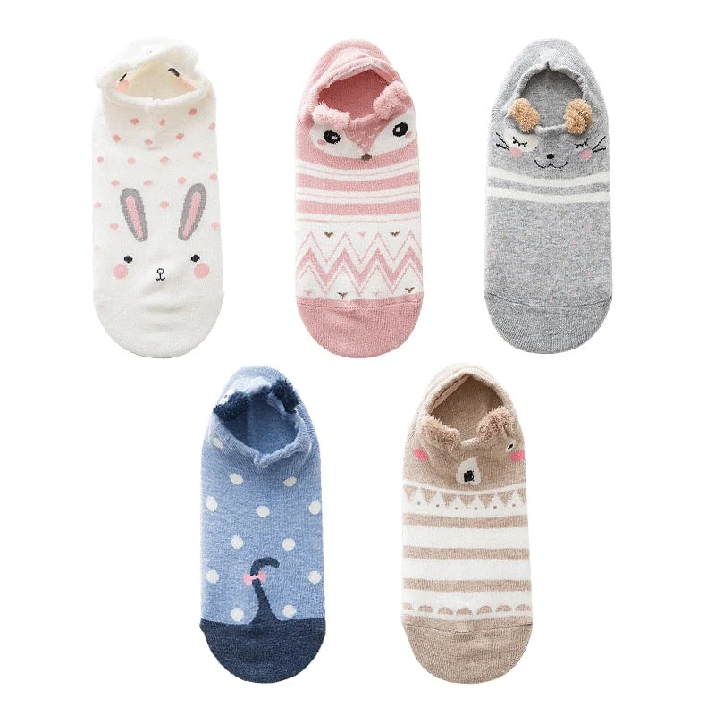 5 Pairs Lot Cotton Women Socks Female Casual Boat 3D Pack Cartoon Harajuku Cat Cute Heart Invisiable Funny Girl Ankle Sock Set