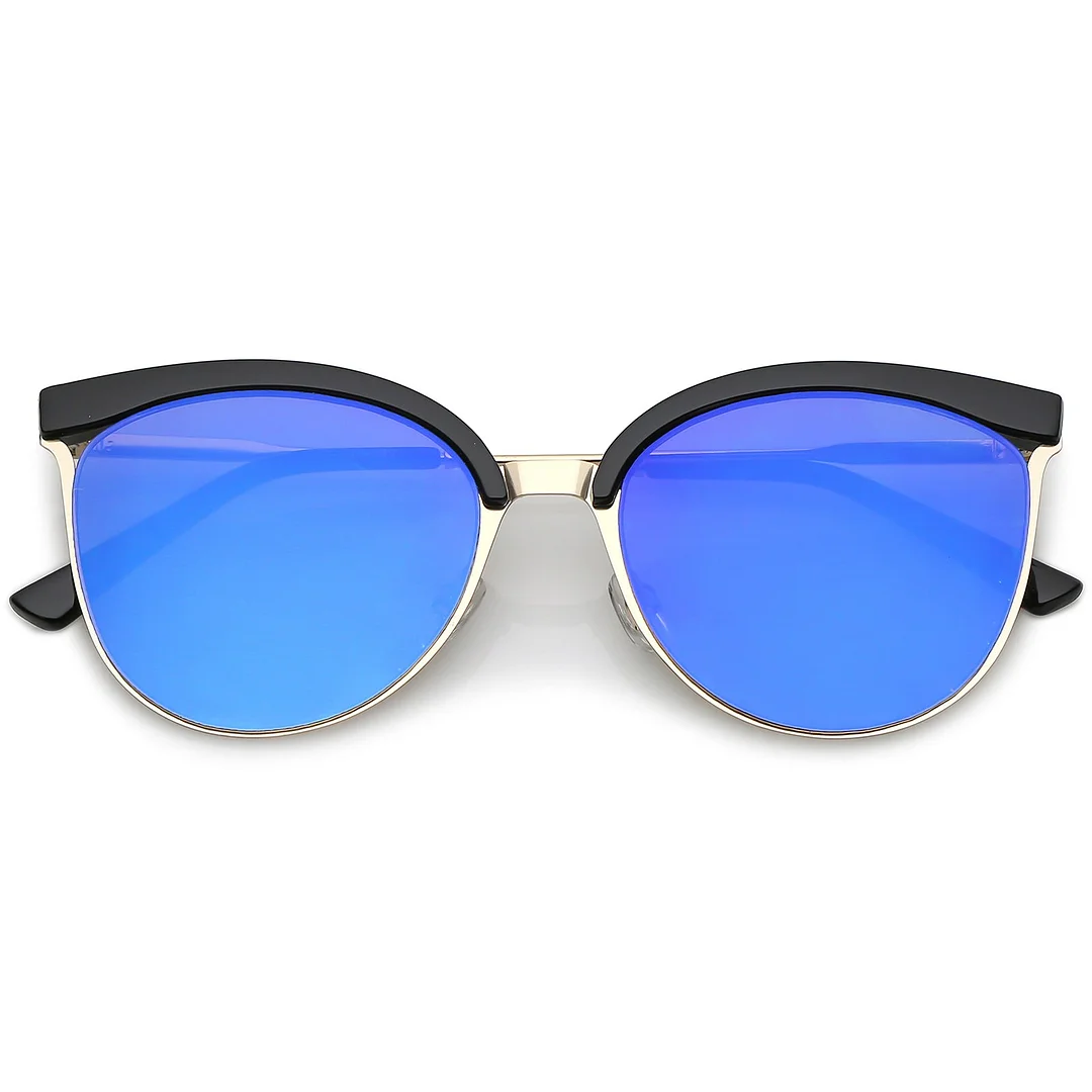 Modern Semi-Rimless Cat Eye glasses Cutout Round Mirrored Flat Lens 55mm