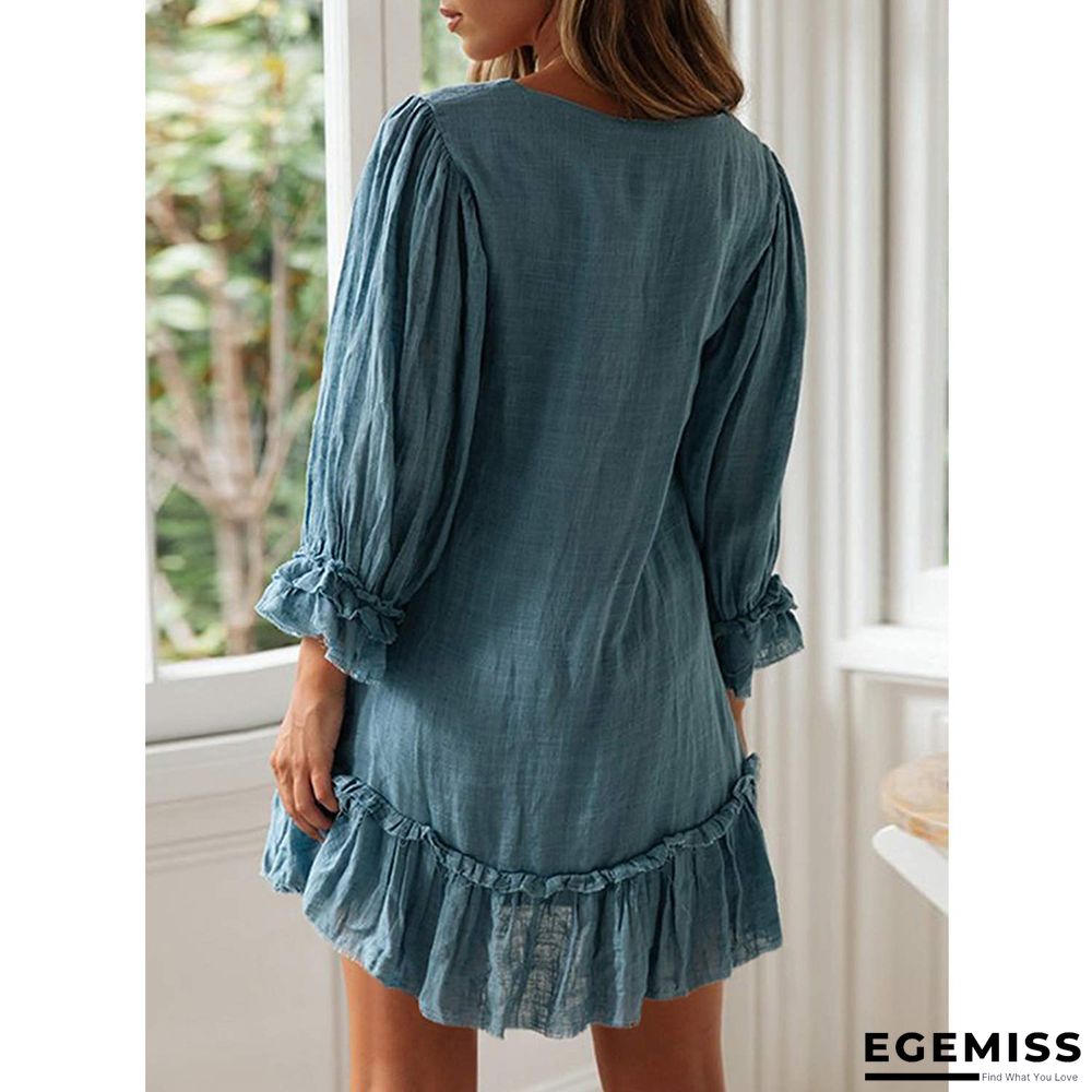 A-line Skirt Loose Long Sleeve Ruffle Hem Cotton Linen Dress | EGEMISS