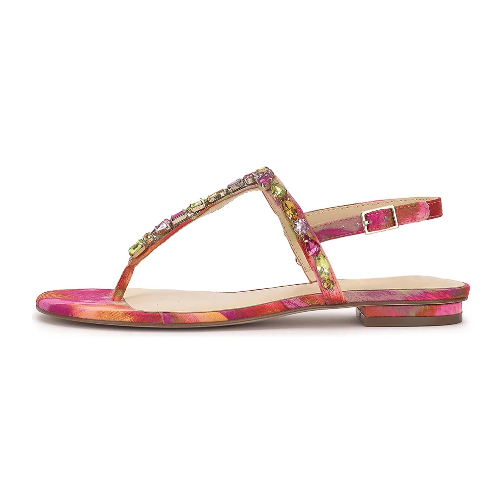 Pink Round Toe Buckle Slingback Flip Flop Colorful Rhinestone Sandals
