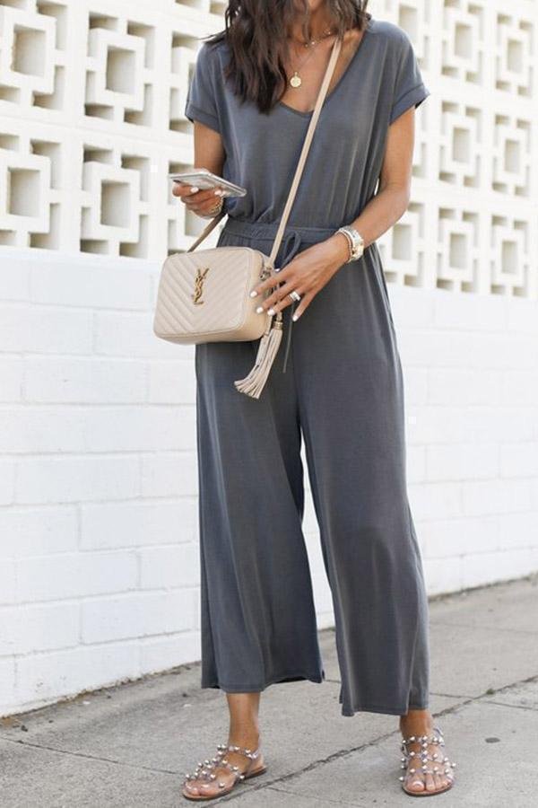 Womens V-neck Leg Solid Color Casual Jumpsuit-Allyzone-Allyzone