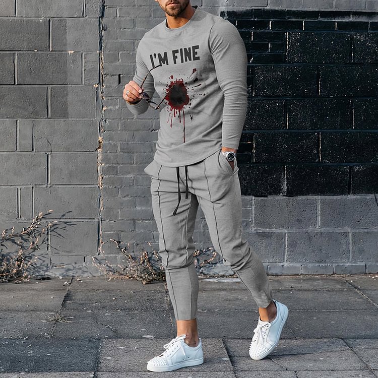 BrosWear I'M Fine Grey T-Shirt And Pants Two Piece Set