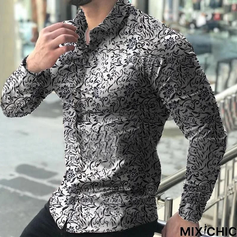 Men Single-Breasted Printed Color Long Sleeve Shirt