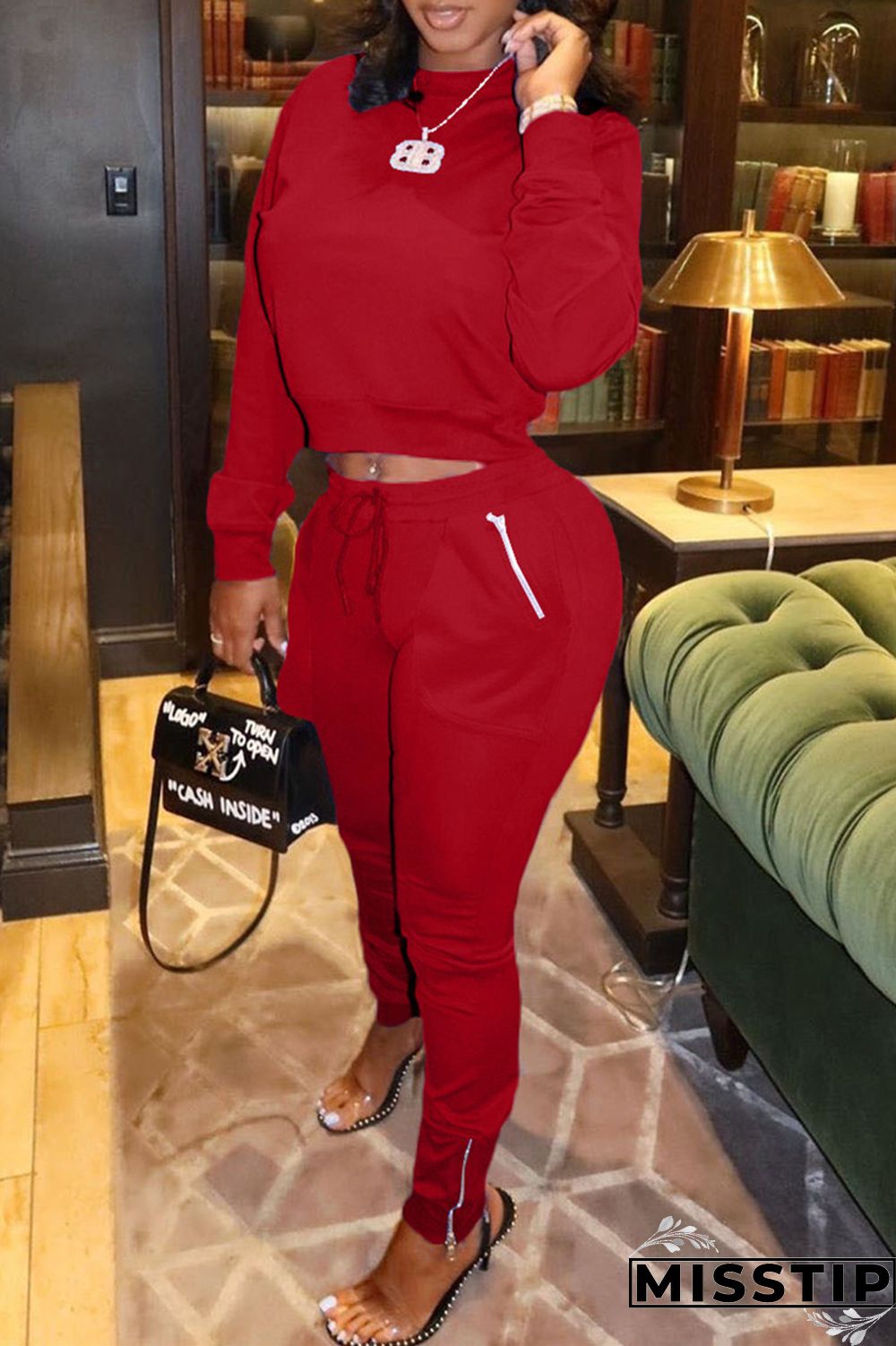 Burgundy Fashion Casual Solid Basic O Neck Long Sleeve Two Pieces