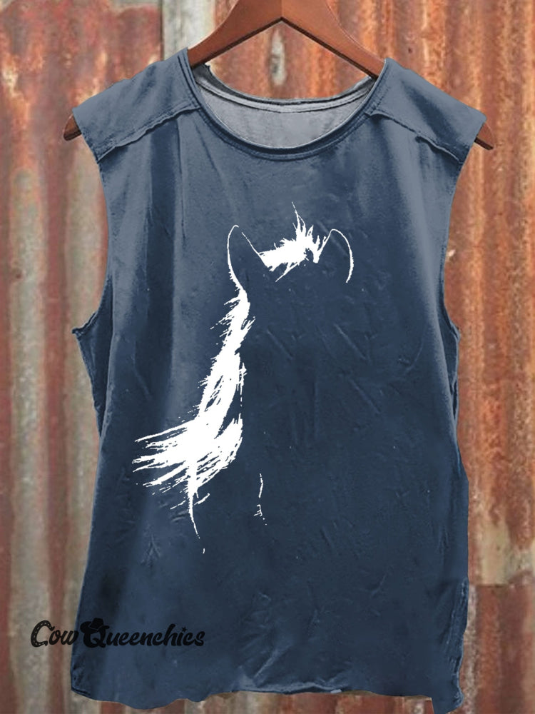 Vintage Horse Print 100% Cotton Casual Tank Top Blue / S