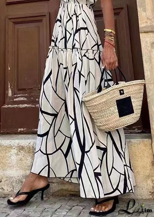 Elegant White Ruffled Print Cotton Long Dresses Summer