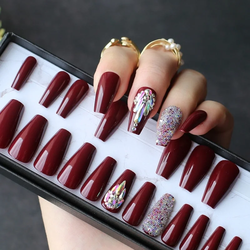 cream glossy coffin Press on nails 3D caviar reusable gel box custom crystal nails bling Microdrill glitter Ballet fasle nails-Nail Inspo