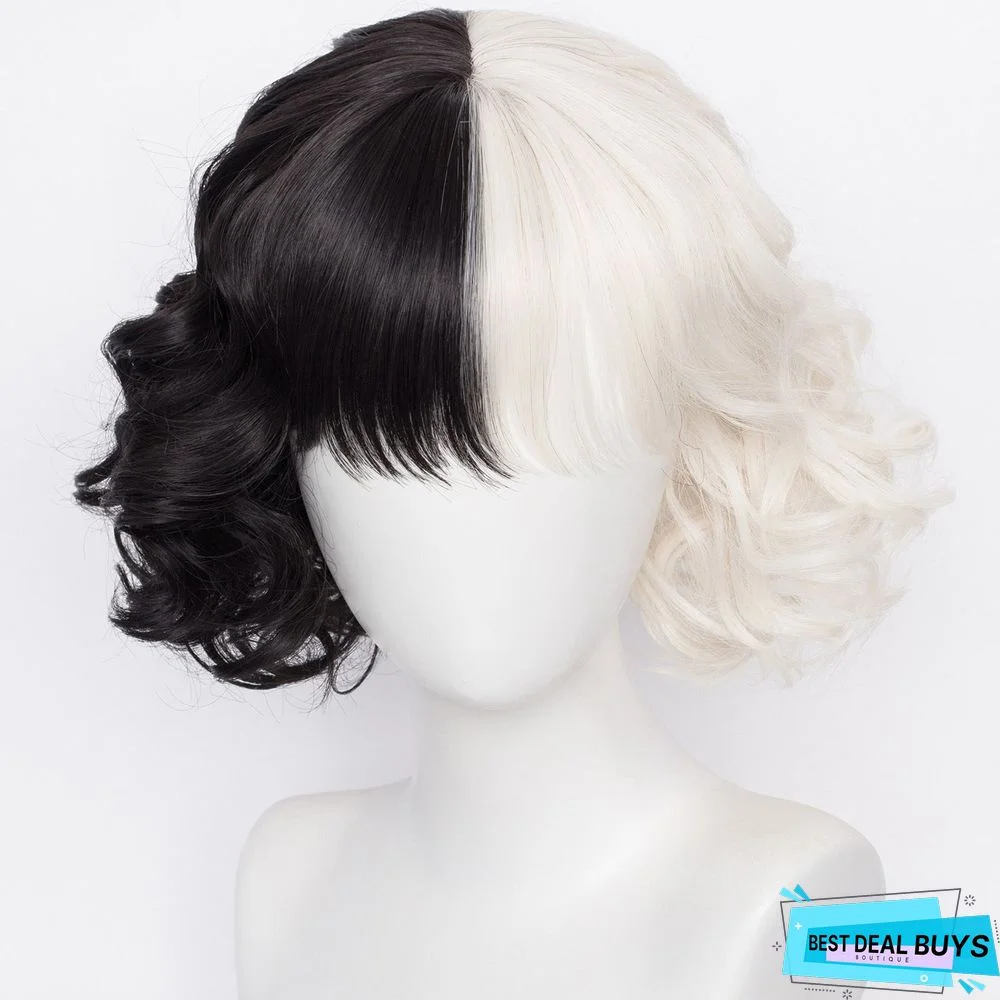 Ladies Cos Wig Black and White Witch Short Curly Hair