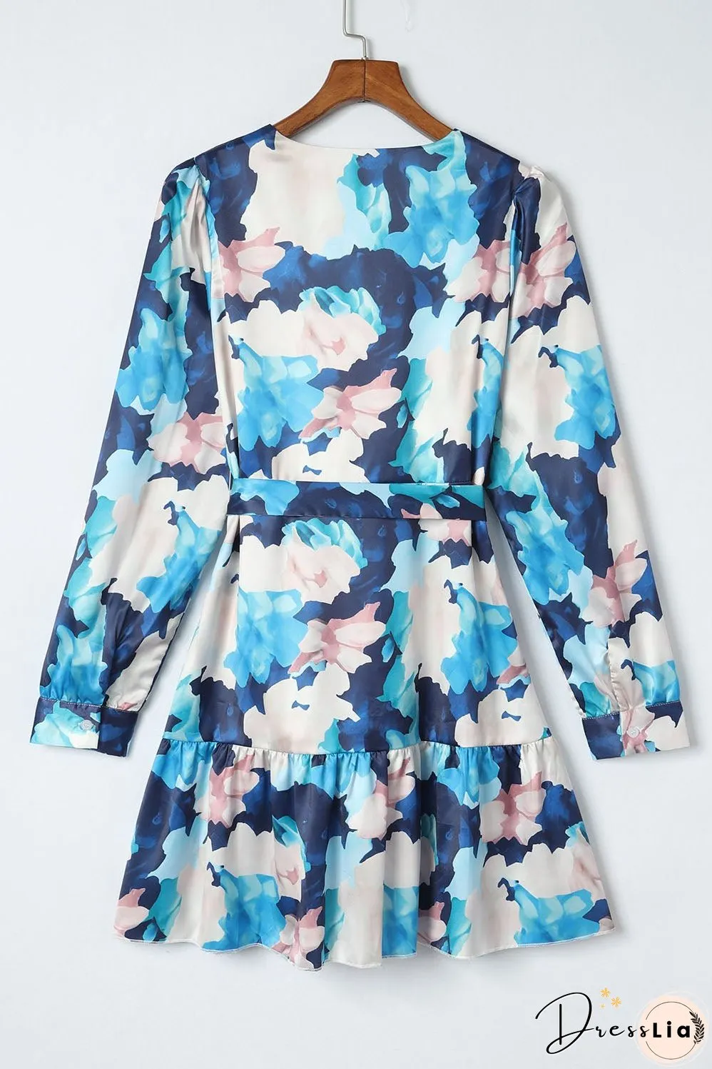 Abstract Floral Long Sleeve Tied Ruffle Dress