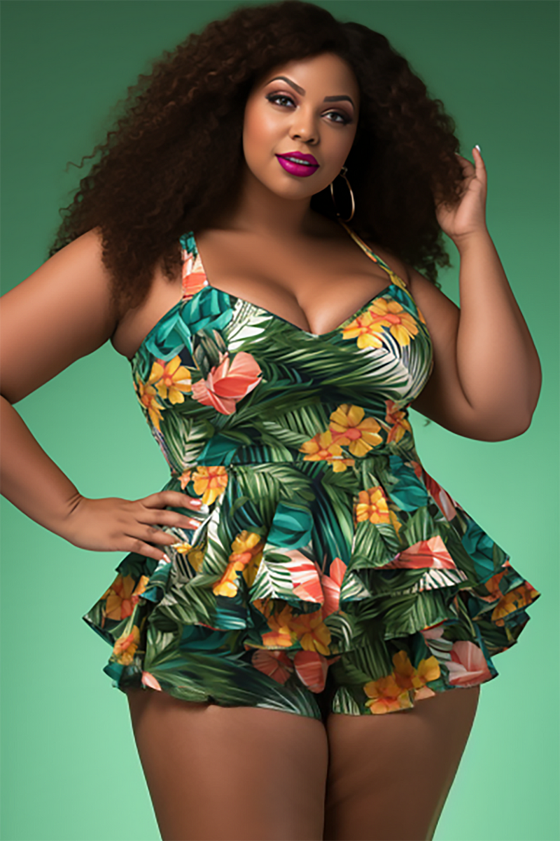 Xpluswear Design Plus Size Beach Green Tropical Print V Neck Ruffle Swimsuit Fabric One Pieces Swimwear 