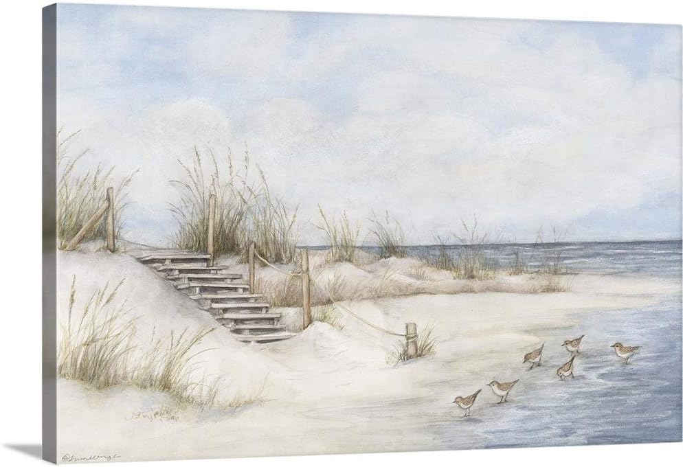Beach Stairs Canvas Wall Art Print, Bird Artwork 48 x 32 inch