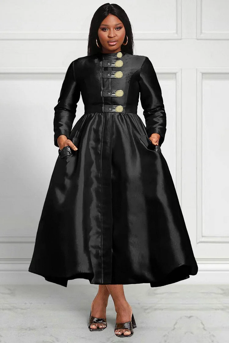 Xpluswear Design Plus Size Formal Dress Black A-Line Mock Neck Button Maxi Dress 