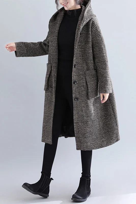 Plus Size Woolen Coat Plaid Hooded Coat Mid-length Coat